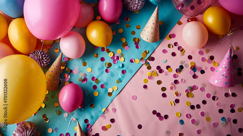 Poster minimalistic party background concept with empty space. the room is decorated with balloons and othe