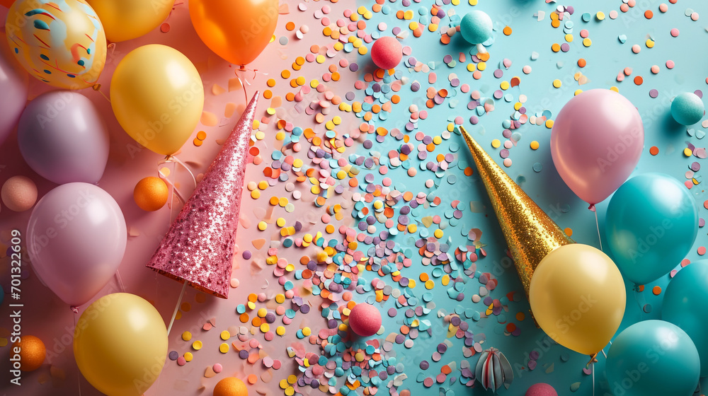 Poster Minimalistic party background concept with empty space. The room is decorated with balloons and other colorful decorations.
