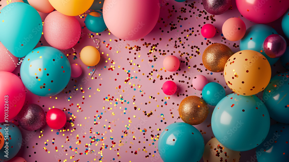 Poster minimalistic party background concept with empty space. the room is decorated with balloons and othe