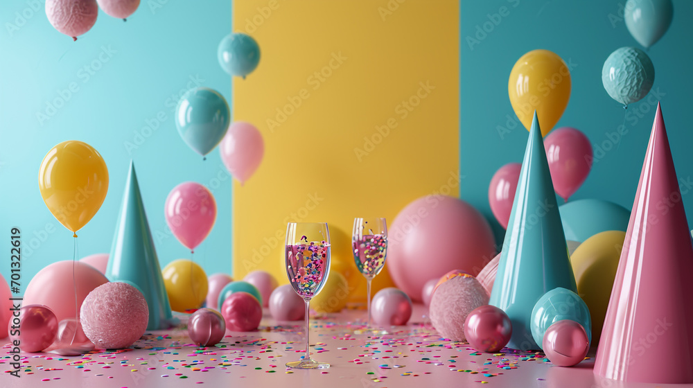 Poster minimalistic party background concept with empty space. the room is decorated with balloons and othe