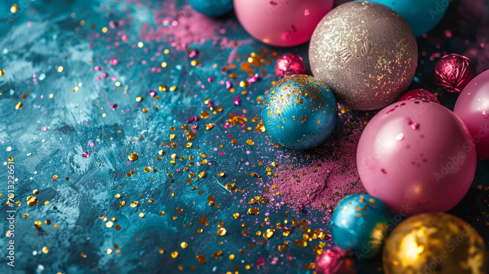 Poster Minimalistic party background concept with empty space. The room is decorated with balloons and other colorful decorations.
