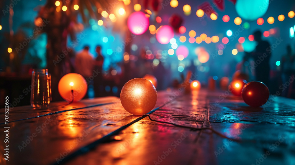 Poster Minimalistic party background concept with empty space. The room is decorated with balloons and other colorful decorations.
