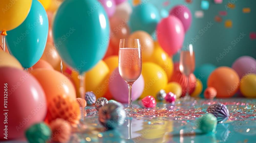 Poster minimalistic party background concept with empty space. the room is decorated with balloons and othe