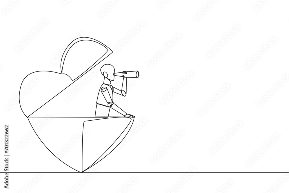 Poster single one line drawing a robot emerges from shape of a heart look for something with binoculars. sc