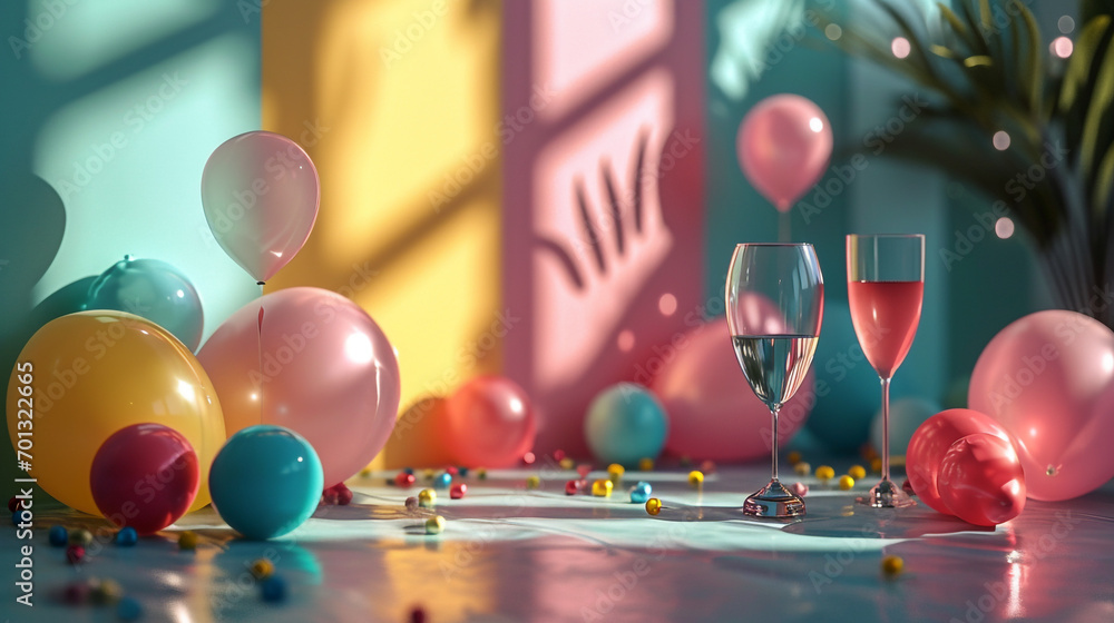 Poster minimalistic party background concept with empty space. the room is decorated with balloons and othe