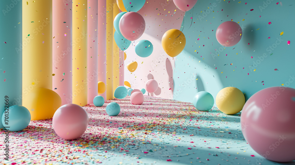 Poster minimalistic party background concept with empty space. the room is decorated with balloons and othe