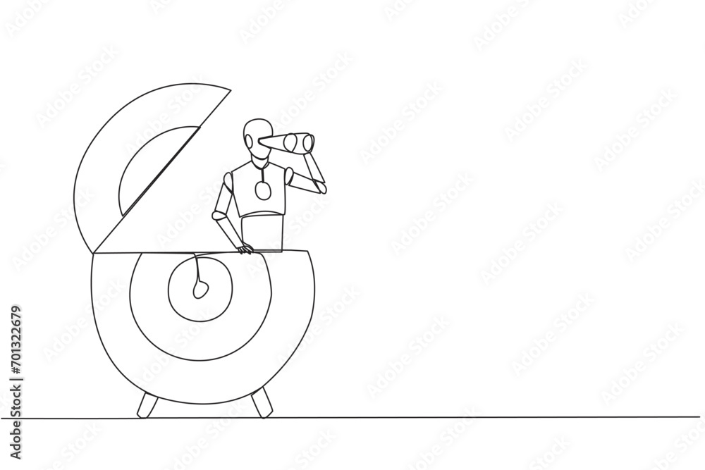Poster single continuous line drawing smart robot appears from arrow target board looking for something thr