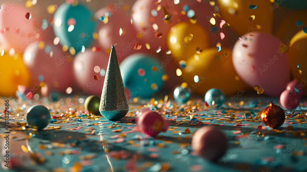 Poster minimalistic party background concept with empty space. the room is decorated with balloons and othe