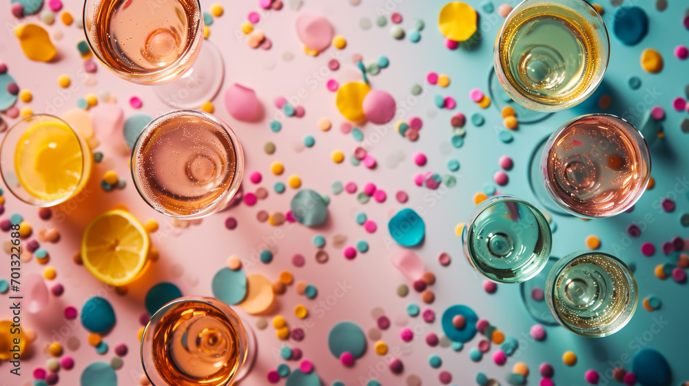 Poster minimalistic party background concept with empty space. the room is decorated with balloons and othe