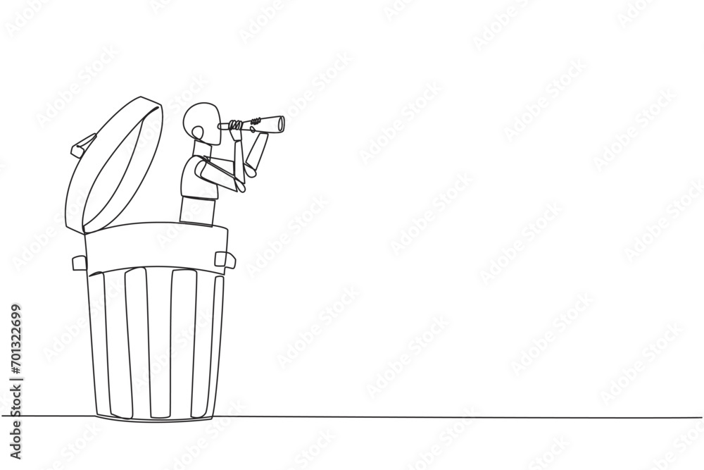 Poster continuous one line drawing a robot emerges from trash bin looking for something through binocular. 