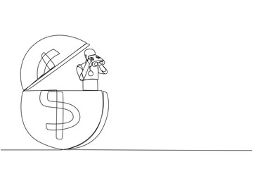 Single one line drawing a robot emerges from dollar symbol coin look for something with binocular. Scan. Analyzing needs during retirement. Preparation. Continuous line design graphic illustration
