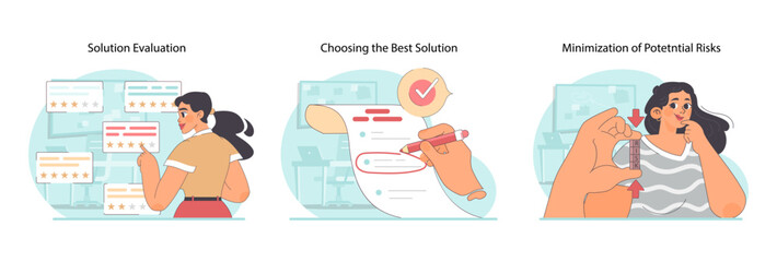 Solution assessment set. Stages of processing complicated situation. Reviewing options, confirming choices, and reducing risks. Strategy and decision-making process. Flat vector illustration - obrazy, fototapety, plakaty
