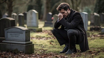 Fototapeta premium Christian man crying next to a grave with a headstone for a deceased relative in the family 