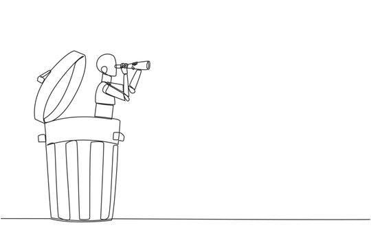 Continuous one line drawing a robot emerges from trash bin looking for something through binocular. Scan. Analyze recyclable materials. Environmental care. Single line draw design vector illustration