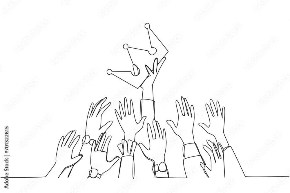 Poster single continuous line drawing hands fighting for the crown. fighting for power with each other. uti
