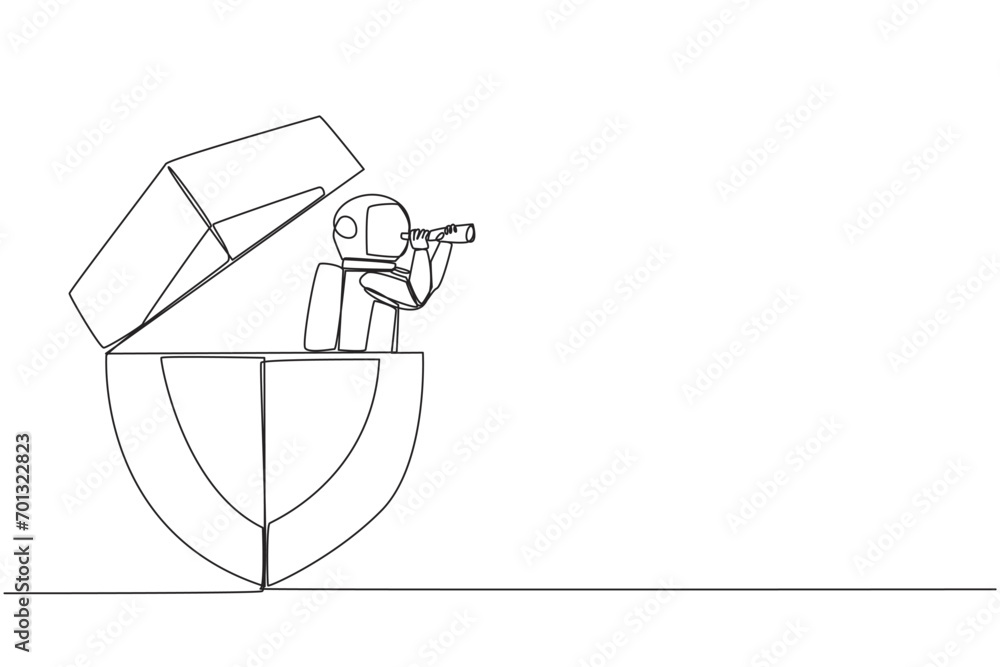 Aufkleber single continuous line drawing the astronaut emerges from the shield looking for something with bino