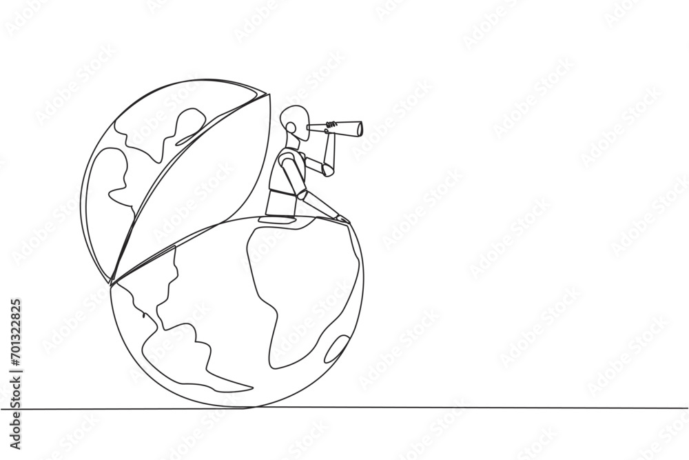 Poster single continuous line drawing smart robot appears from the globe looking for something through bino