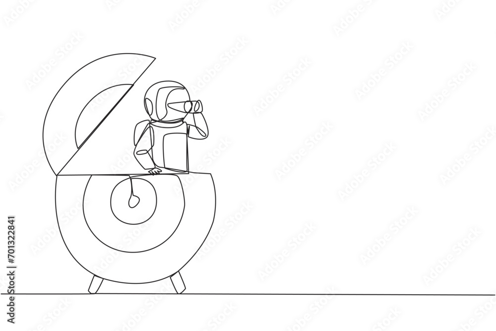 Poster continuous one line drawing astronaut emerges from arrow target board look for something with binocu