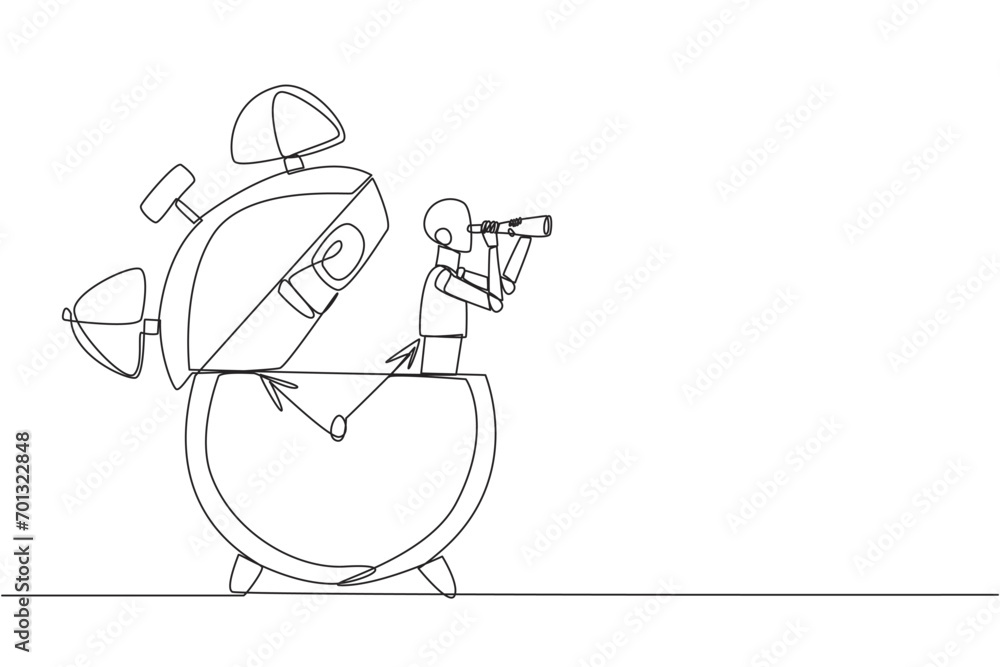 Poster single continuous line drawing smart robot appears from the alarm clock looking for something throug