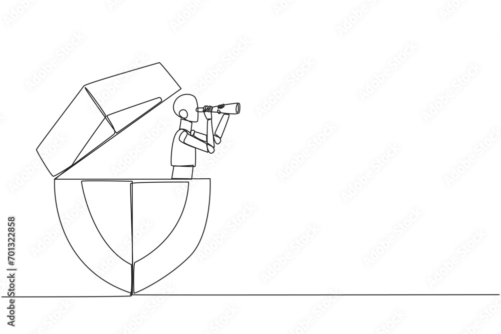 Poster single one line drawing a smart robot emerges from the shield looking for something through binocula