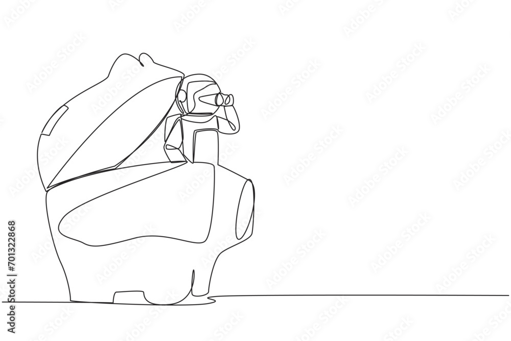 Poster single continuous line drawing astronaut emerges from piggy bank looking for something through binoc