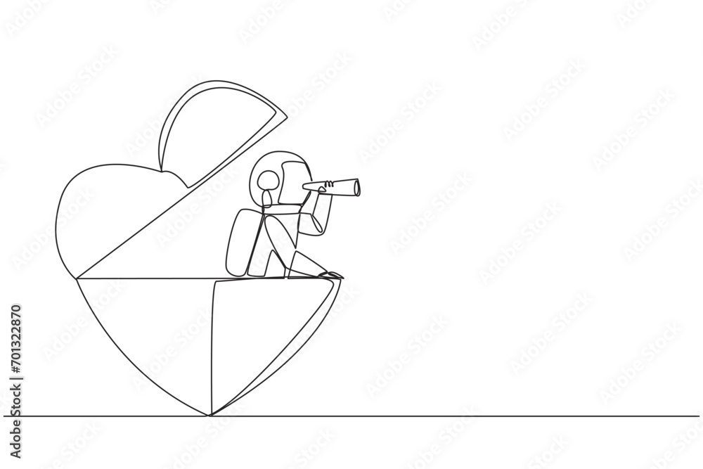 Poster single continuous line drawing astronaut emerges from heart shape look for something with binoculars