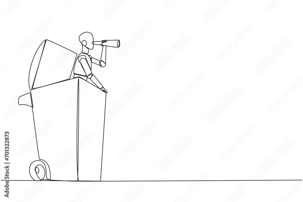 Poster continuous one line drawing a smart robot emerges from a wheeled bin looking for something through b