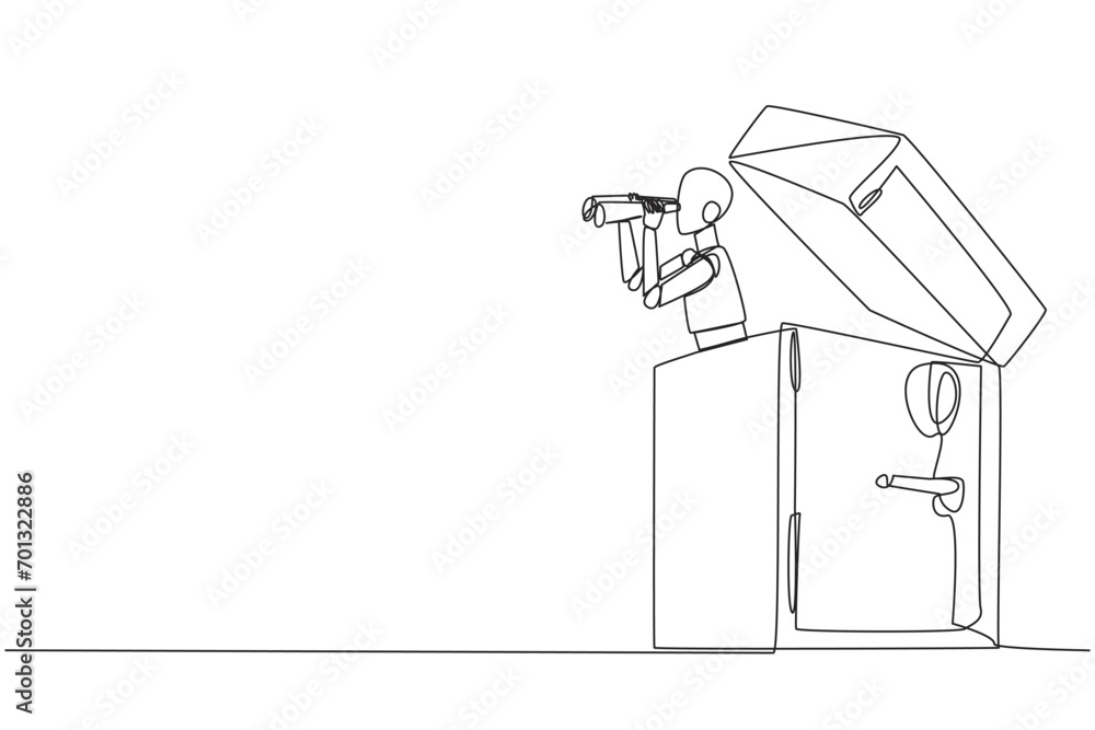 Poster single one line drawing a smart robot emerges from safe deposit box looking for something with binoc