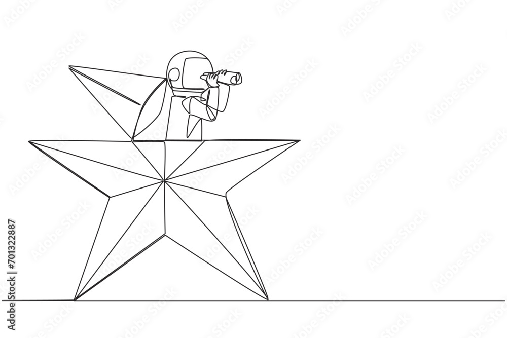 Poster continuous one line drawing astronaut emerges from star shape look for something through binoculars.