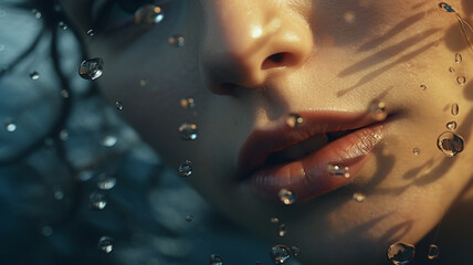 Close-up of a woman's lower canal standing against a background of splashing water droplets. grooming. cosmetics photo, beauty industry advertising photo.