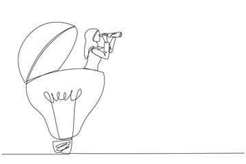 Continuous one line drawing Arab businesswoman emerges from lightbulb look for something with binoculars. Looks for best ideas to apply to the business. Single line draw design vector illustration