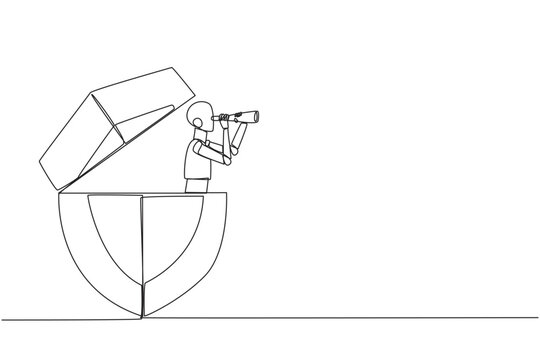 Single one line drawing a smart robot emerges from the shield looking for something through binoculars. Scan. Doing job. Securing web from hacker attacks. Continuous line design graphic illustration