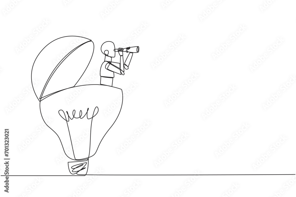 Poster continuous one line drawing a robot emerges from lightbulb looking for something with binoculars. sc