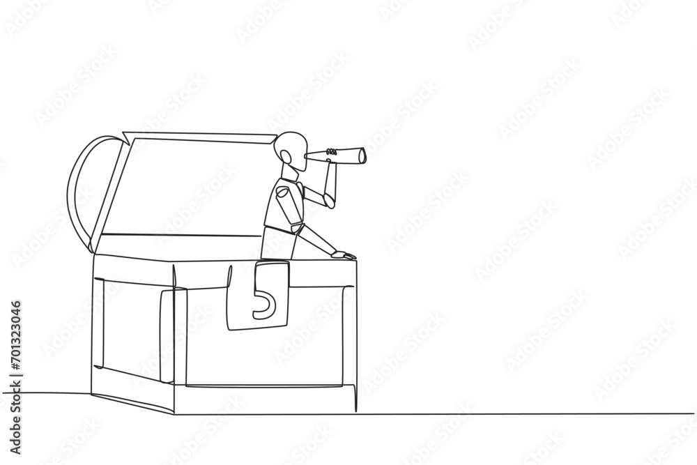 Poster single continuous line drawing a smart robot emerges from the treasure chest looking for something t