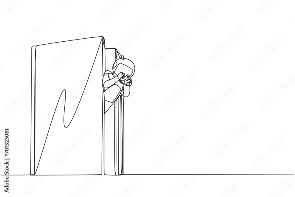 Aufkleber single continuous line drawing astronaut emerges from old book looking for something with binocular.
