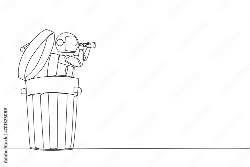Poster continuous one line drawing astronaut emerges from a dumpster look for something with binoculars. en