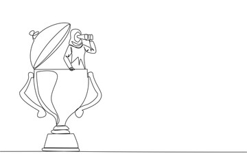 Single one line drawing Arab businesswoman emerges from trophy looking for something through binoculars. Get ready to win the many rewards that await. Continuous line design graphic illustration
