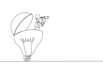 Continuous one line drawing a robot emerges from lightbulb looking for something with binoculars. Scan. Analyzing opinions. Business brilliance is needed. Single line draw design vector illustration - obrazy, fototapety, plakaty