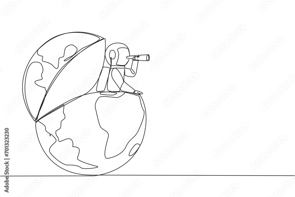 Aufkleber continuous one line drawing astronaut emerges from globe look for something with binoculars. highlig
