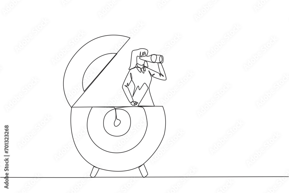 Aufkleber continuous one line drawing businesswoman out of target arrow board looking for something through bi