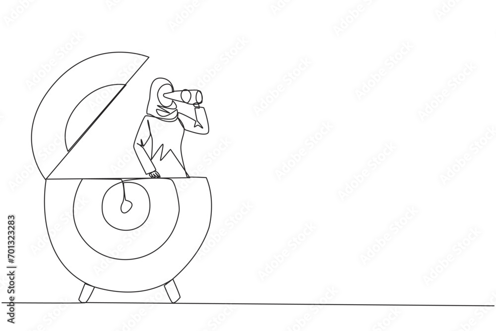Poster continuous one line drawing arabian businesswoman appears from target arrow board looking for someth