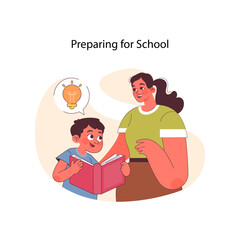 Preparing for School concept. A nurturing moment as a mother guides her curious child through a book, sparking ideas for a new academic adventure. Flat vector illustration