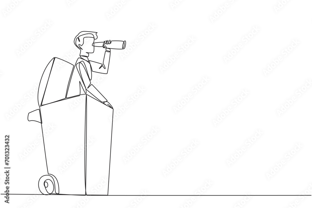 Aufkleber continuous one line drawing businessman pops out of a wheeled bin look for something through binocul