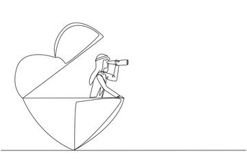 Continuous one line drawing Arabian businessman appears out of a heart shape looking for something through binoculars. Work life balance. Nobody get hurt. Single line draw design vector illustration