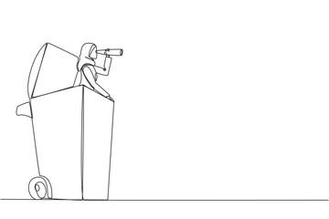 Single continuous line drawing Arabian businesswoman emerges from a wheeled bin looking for something through binoculars. Modernization. Facilitate the work.  One line design vector illustration