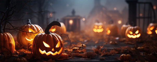 Naklejka premium Scary Halloween pumpkins on the ground. Helloween background