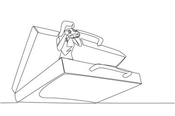 Single one line drawing businesswoman comes out of briefcase looks for something through binoculars. Prepare for business expansion by doing business trips. Continuous line design graphic illustration