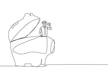 Single one line drawing businessman pops out of piggy bank look for something through binoculars. Entrepreneur who aware of the importance of investment. Continuous line design graphic illustration