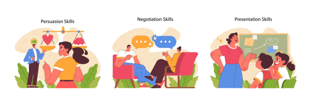 Persuasion, negotiation, and presentation skills concept. Influence, agreement forging, and effective communication. Essential for personal and professional growth. Flat vector illustration