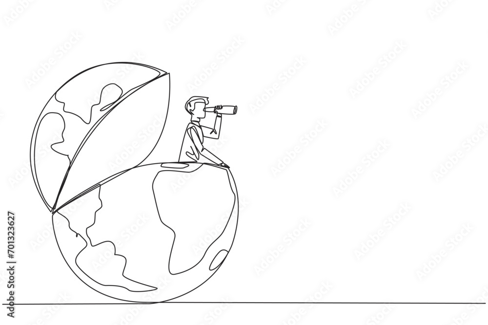 Poster single continuous line drawing businessman appears out of globe looking for something through binocu